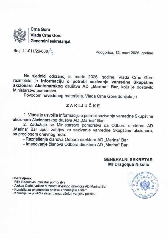 Informacija o potrebi sazivanja vanredne Skupštine akcionara akcionarskog društva AD „Marina“ Bar - zaključci