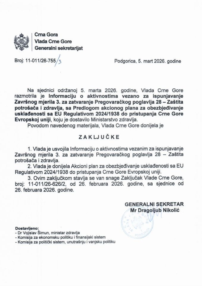 Informacija o aktivnostima vezano za ispunjavanje završnog mjerila 3. za zatvaranje pregovaračkog poglavlja 28 - Zaštita potrošača i zdravlja - zaključci