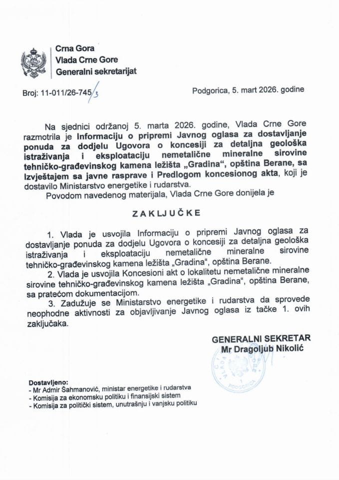 Informacija o pripremi Javnog oglasa za dostavljanje ponuda za dodjelu Ugovora o koncesiji za detaljna geološka istraživanja i eksploataciju nemetalične mineralne sirovine tehničko-građevinskog kamena ležišta „Gradina“ - zaključci