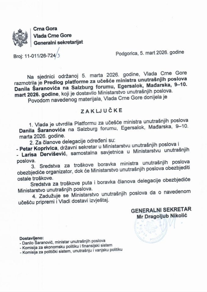 Predlog platforme za učešće ministra unutrašnjih poslova, Danila Šaranovića, na Salzburg forumu, Egersalok, Mađarska, 9-10. mart 2026. godine - zaključci