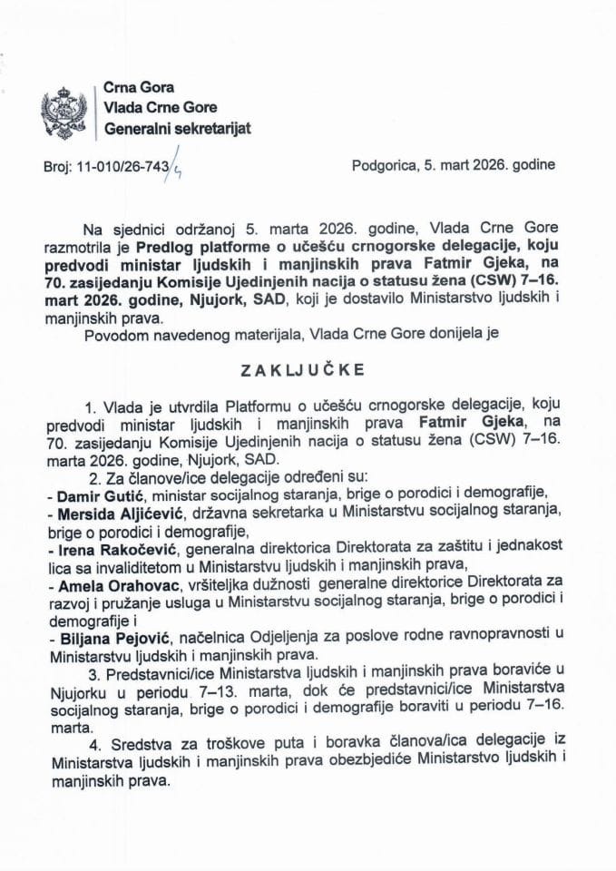 Predlog platforme o učešću crnogorske delegacije koju predvodi ministar ljudskih i manjinskih prava Fatmir Gjekana 70. zasijedanju Komisije Ujedinjenih nacija o statusu žena (CSW), 7-16. mart 2026. godine, Njujork, SAD - zaključci
