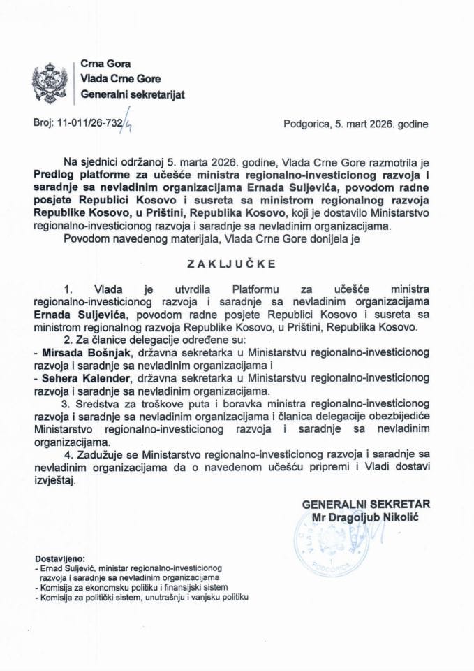 Predlog platforme za učešće ministra regionalno-investicionog razvoja i saradnje sa nevladinim organizacijama Ernada Suljevića, povodom radne posjete Republici Kosovo i susreta sa ministrom regionalnog razvoja Republike Kosovo, Priština - zaključci