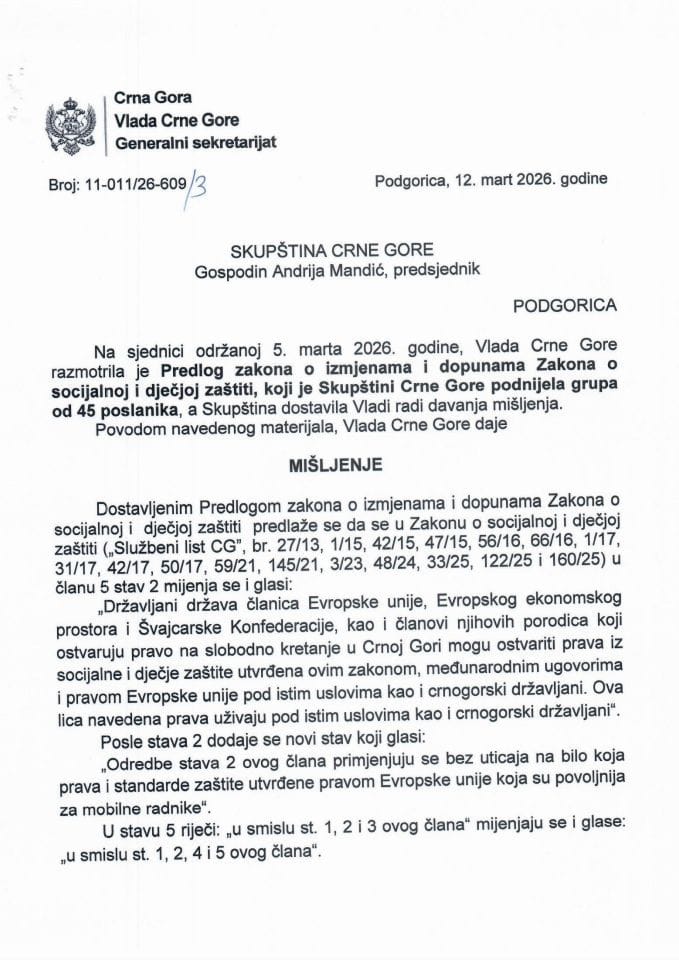 Predlog mišljenja na Predlog zakona o izmjenama i dopunama Zakona o socijalnoj i dječjoj zaštiti, koji je podnijela grupa od 45 poslanika - zaključci