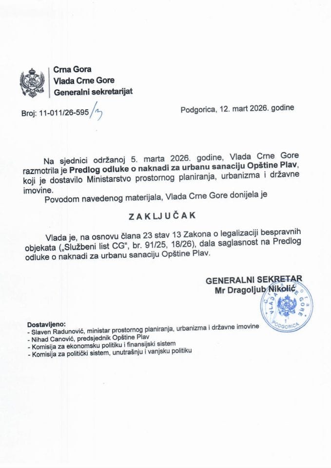 Predlog odluke o naknadi za urbanu sanaciju Opštine Plav - zaključci