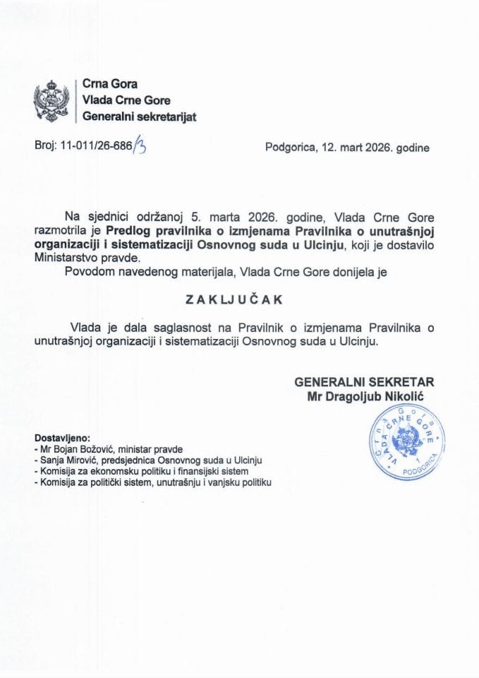 Predlog pravilnika o izmjenama Pravilnika o unutrašnjoj organizaciji i sistematizaciji Osnovnog suda u Ulcinju - zajključci