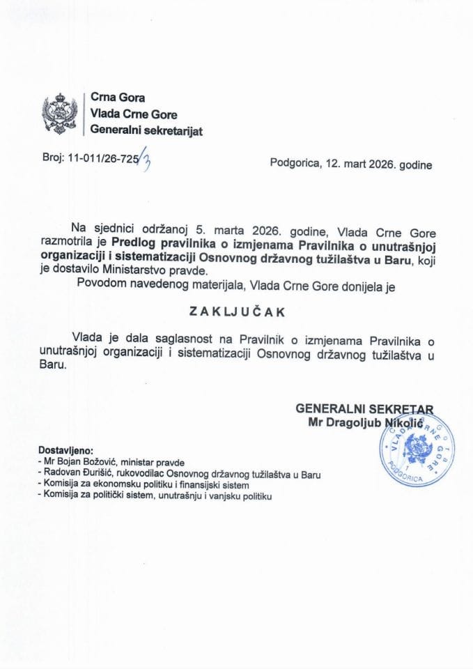 Predlog pravilnika o izmjenama Pravilnika o unutrašnjoj organizaciji i sistematizaciji Osnovnog državnog tužilaštva u Baru - zaključci