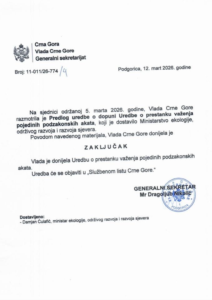 Predlog uredbe o dopuni Uredbe o prestanku važenja pojedinih podzakonskih akata - zaključci