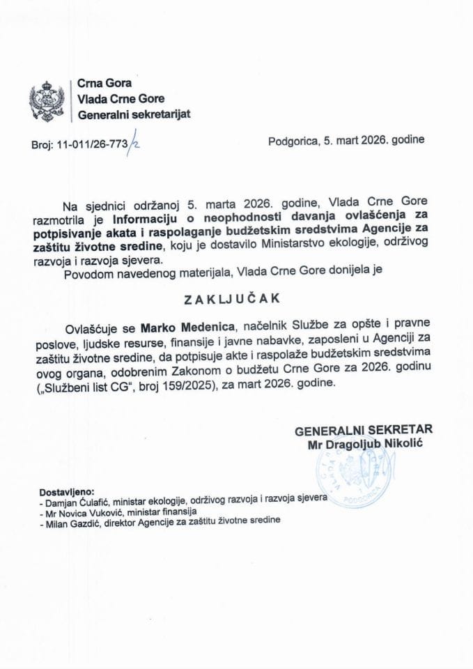 Informacija o neophodnosti davanja ovlašćenja za potpisivanje akata i raspolaganje budžetskim sredstvima Agencije za zaštitu životne sredine - zaključci