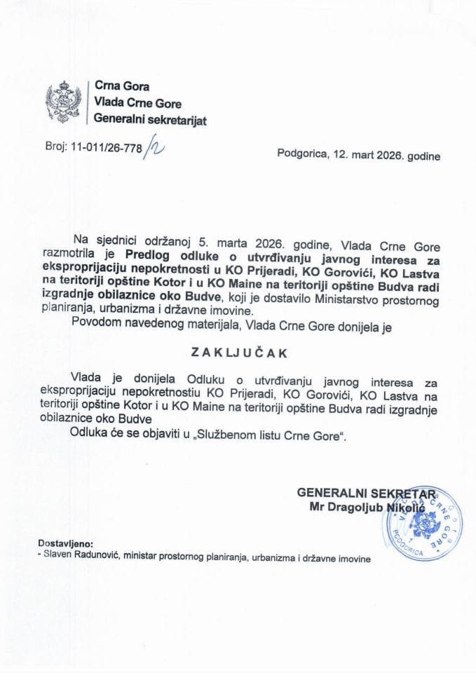 Predlog odluke o utvrđivanju javnog interesa za eksproprijaciju nepokretnostiu KO Prijeradi, KO Gorovići, KO Lastva na teritoriji opštine Kotor i u KO Maine na teritoriji opštine Budva radi izgradnje obilaznice oko Budve - zaključci