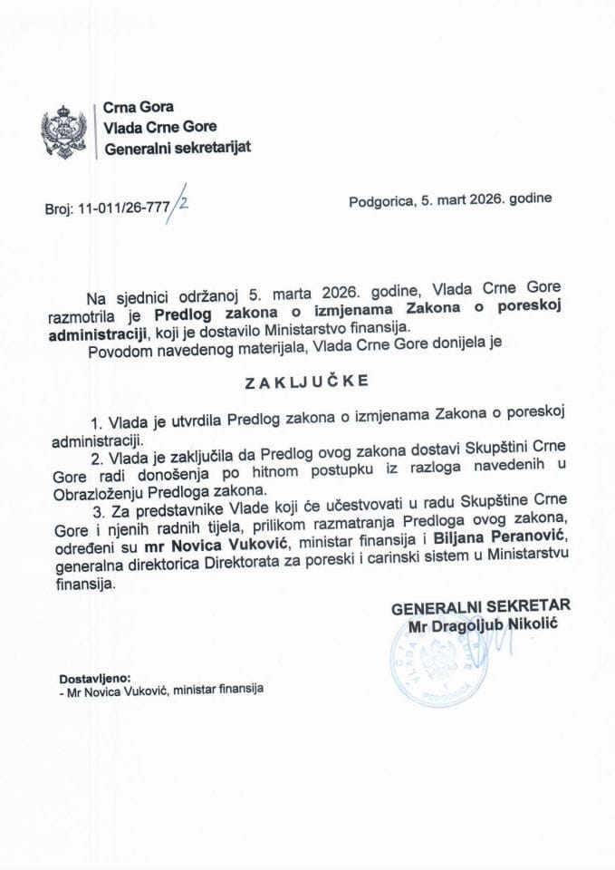 Predlog zakona o izmjenama Zakona o poreskoj administraciji - zaključci