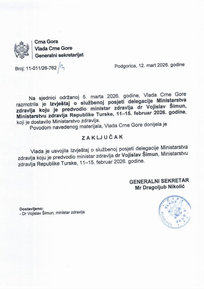 Izvještaj o službenoj posjeti delegacije Ministarstva zdravlja koju je predvodio ministar zdravlja dr Vojislav Šimun, Ministarstvu zdravlja Republike Turske, 11-15. februar 2026. godine - zaključci