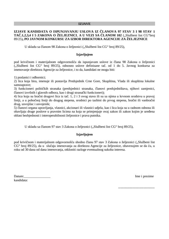 Izjava kandidata o ispunjavanju uslova za izbor direktora Agencije za željeznice