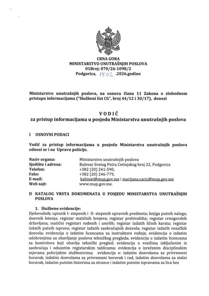 Vodič za pristup informacijama u posjedu Ministarstva unutrašnjih poslova