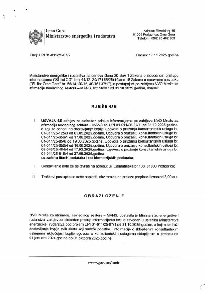Rješenje UPI 01-011-25-87-2 o dostavljanju podataka shodno zahtjevu za SPI podnešen od strane NVO MANS