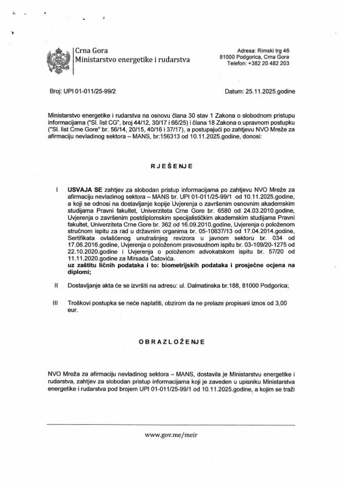 Rješenje UPI 01-011-25-99-2 o dostavljanju podataka shodno zahtjevu za SPI podnešen od strane NVO MANS