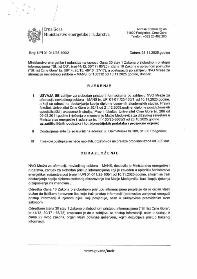 Rješenje UPI 01-011-25-100-2 o dostavljanju podataka shodno zahtjevu za SPI podnešen od strane NVO MANS