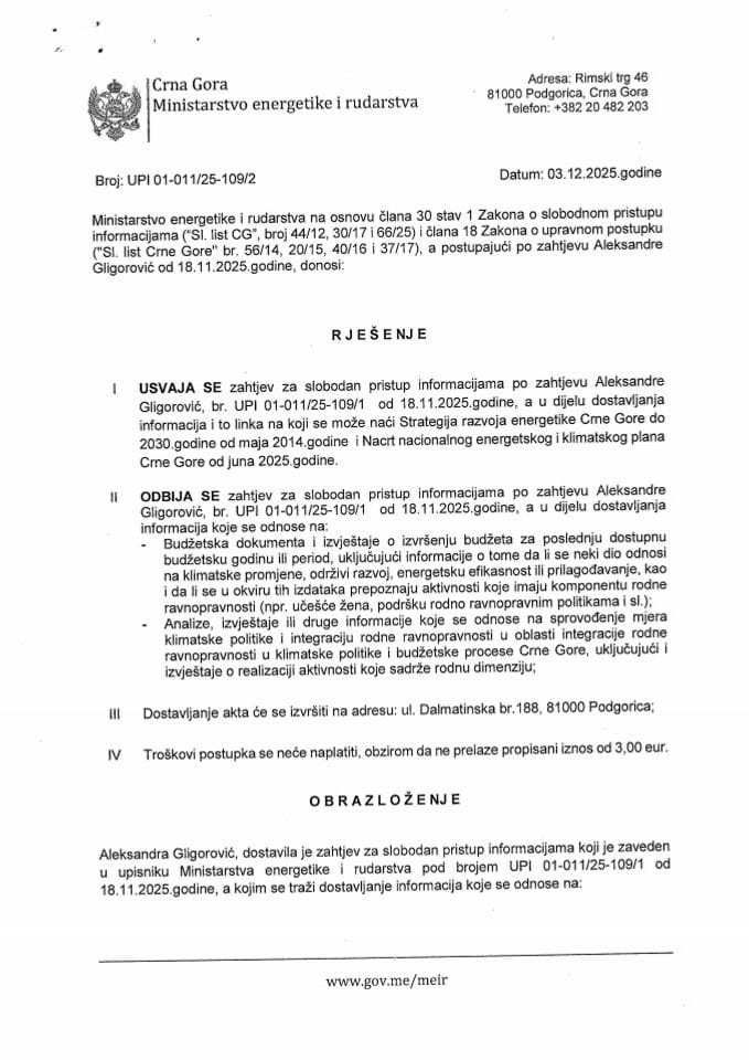 Rješenje UPI 01-011-25-109-2 o dostavljanju podataka shodno zahtjevu za SPI podnešen od strane Aleksandre Gligorović