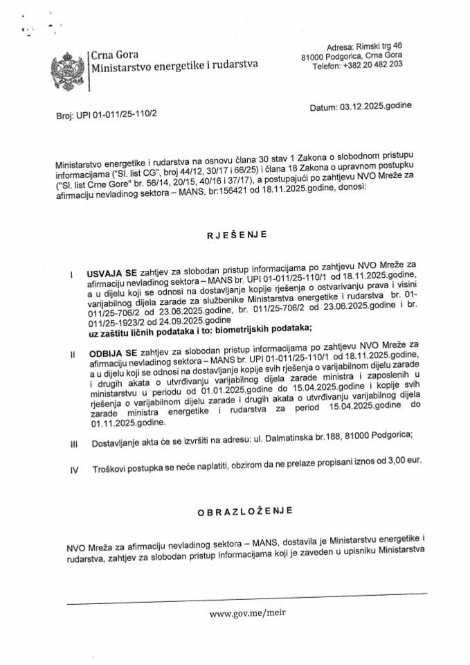 Rješenje UPI 01-011-25-110-2 o dostavljanju podataka shodno zahtjevu za SPI podnešen od strane NVO MANS