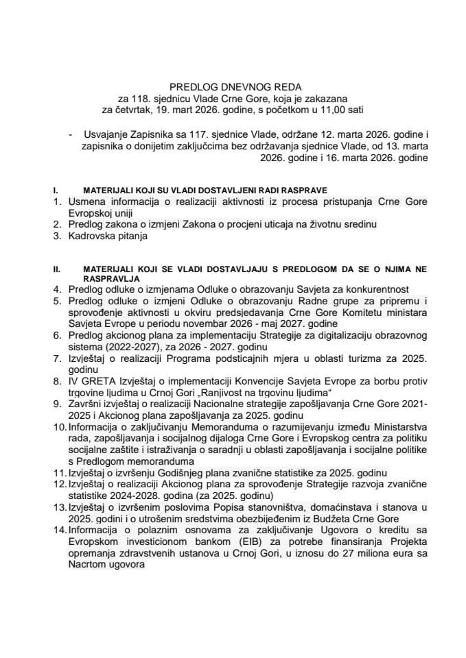 Predlog dnevnog reda za 118. sjednicu Vlade Crne Gore