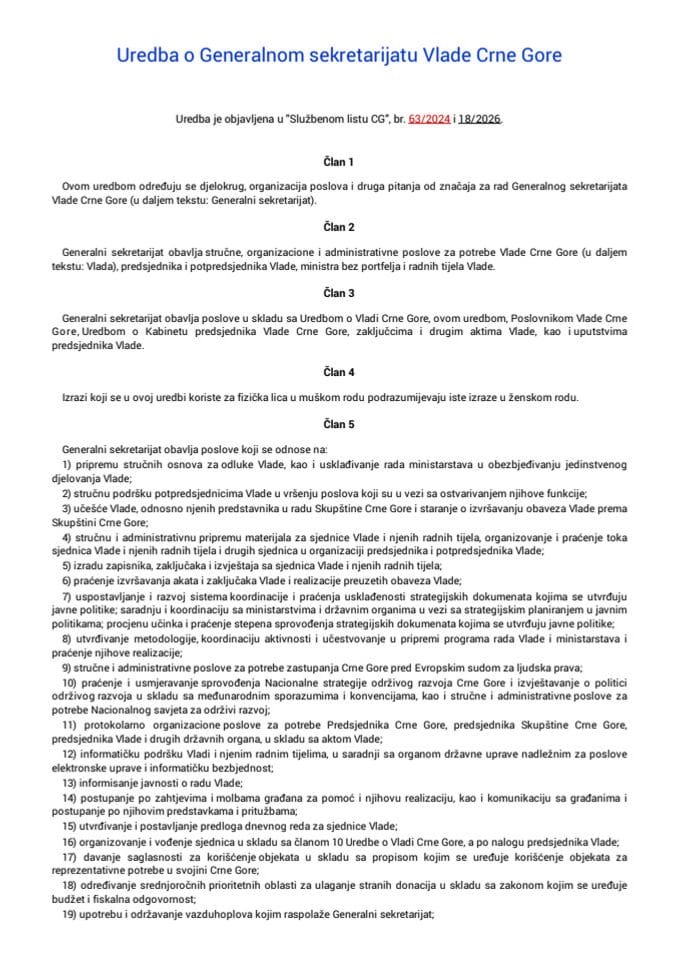 Uredba o Generalnom sekretarijatu Vlade Crne Gore