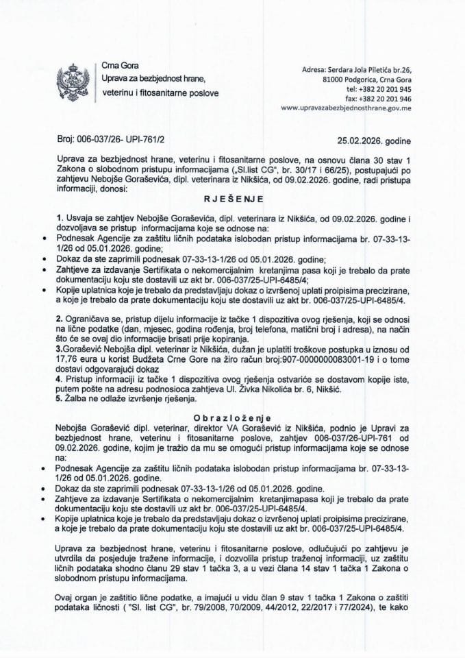 Rješenje 006-037/26-UPI-761/2