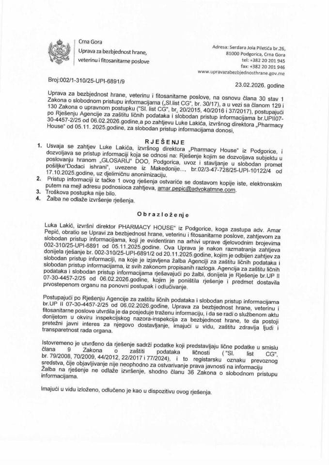 Rješenje 002/1-310/25-UPI-6891/9 sa informacijom