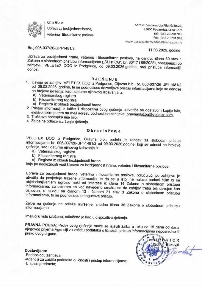 Rješenje 006-037/26-UPI-1481/3 sa informacijom
