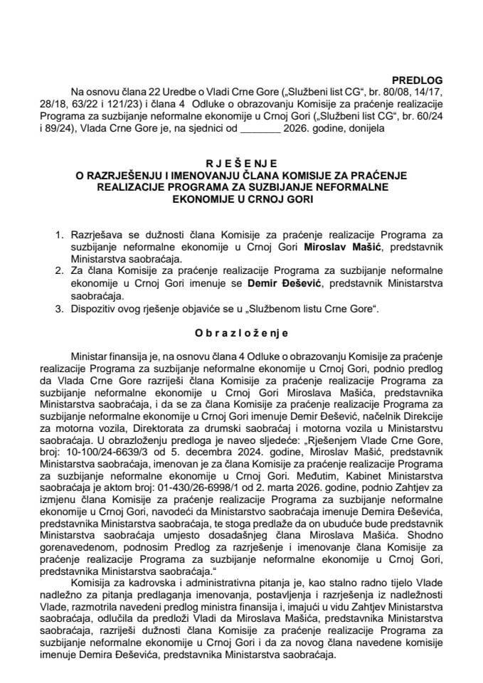 Predlog za razrješenje i imenovanje člana Komisije za praćenje realizacije Programa za suzbijanje neformalne ekonomije u Crnoj Gori