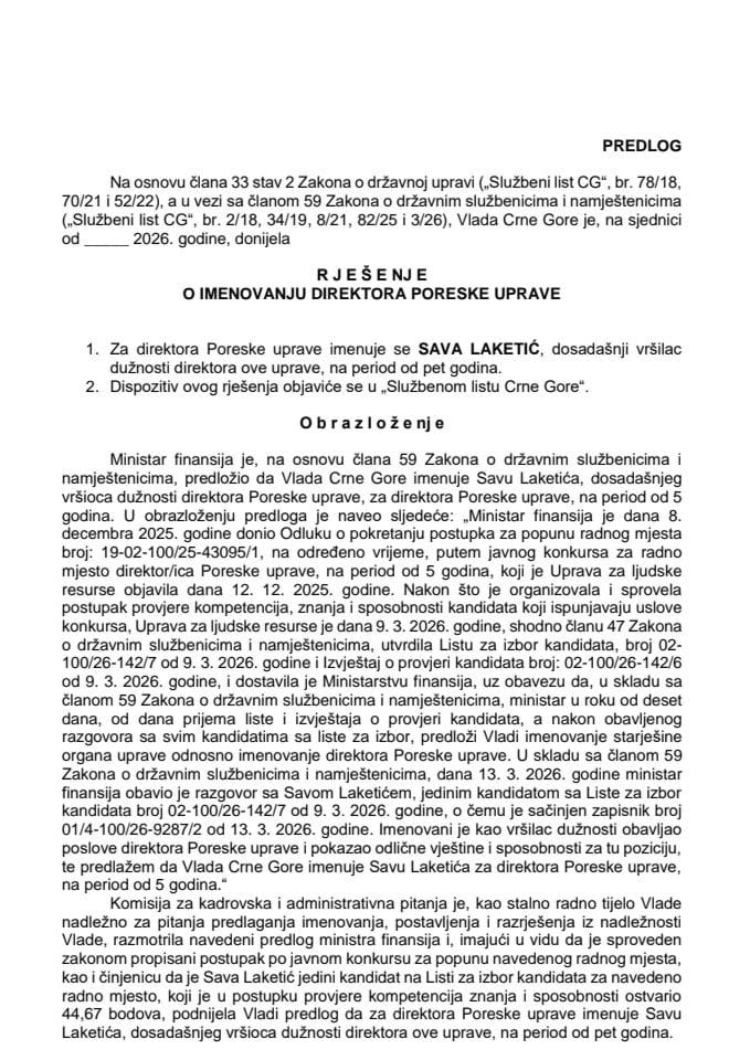 Predlog za imenovanje direktora Poreske uprave