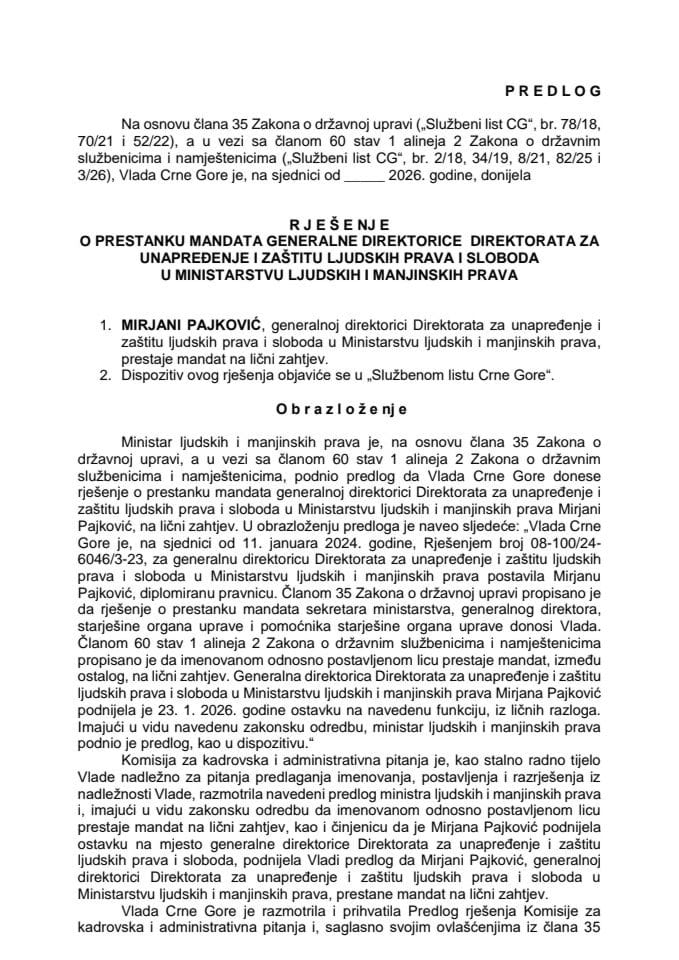 Predlog za prestanak mandata generalne direktorice Direktorata za unapređenje i zaštitu ljudskih prava i sloboda u Ministarstvu ljudskih i manjinskih prava