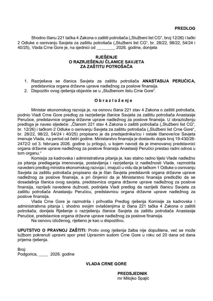 Predlog za razrješenje članice Savjeta za zaštitu potrošača