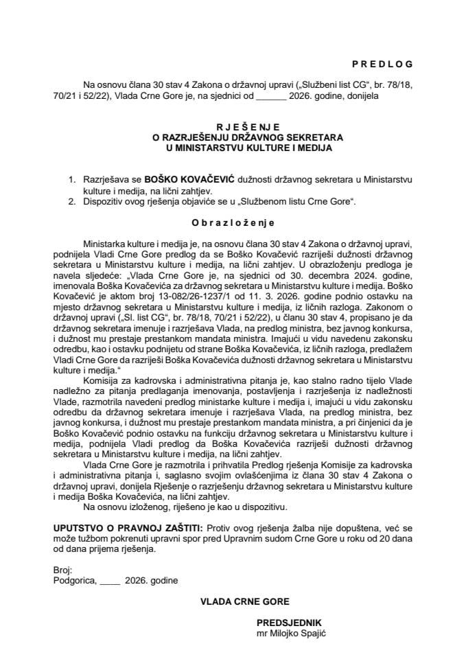 Predlog za razrješenje državnog sekretara u Ministarstvu kulture i medija