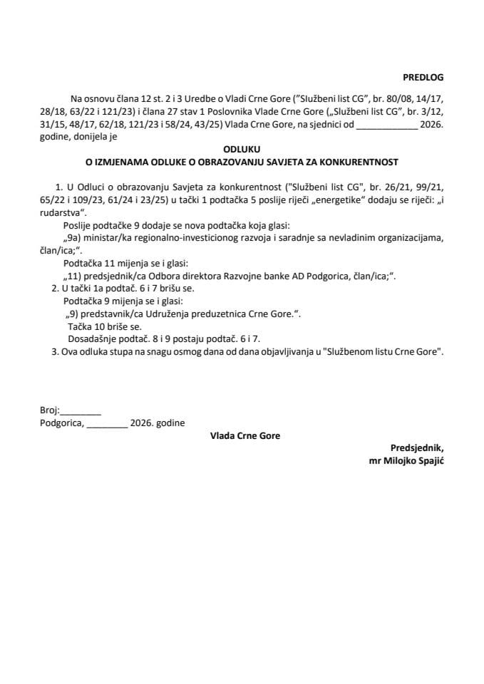 Predlog odluke o izmjenama Odluke o obrazovanju Savjeta za konkurentnost