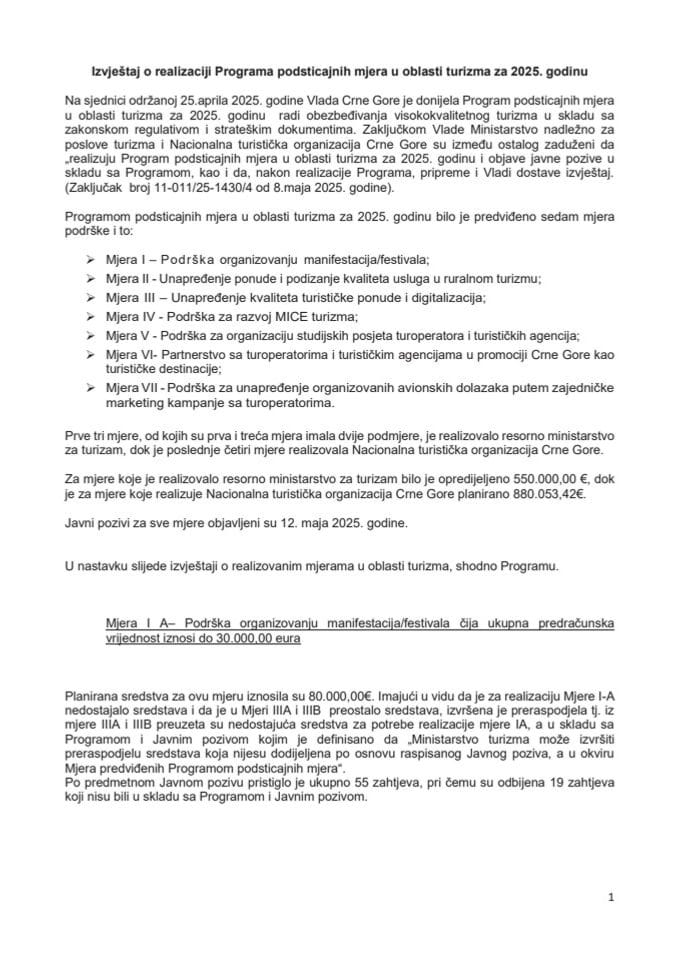 Izvještaj o realizaciji Programa podsticajnih mjera u oblasti turizma za 2025. godinu (bez rasprave)