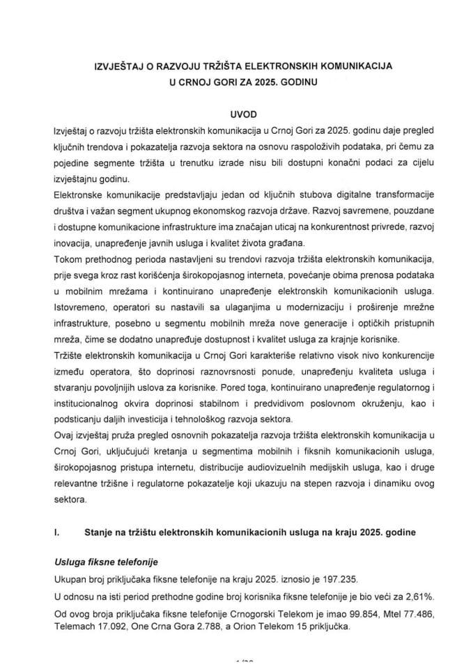 Izvještaj o razvoju tržišta elektronskih komunikacija u Crnoj Gori za 2025. godinu (bez rasprave)