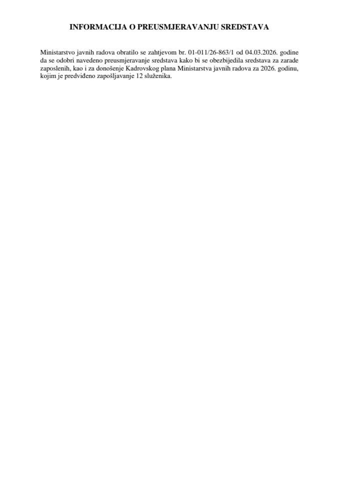 Informacija o preusmjeravanju sredstava (bez rasprave)