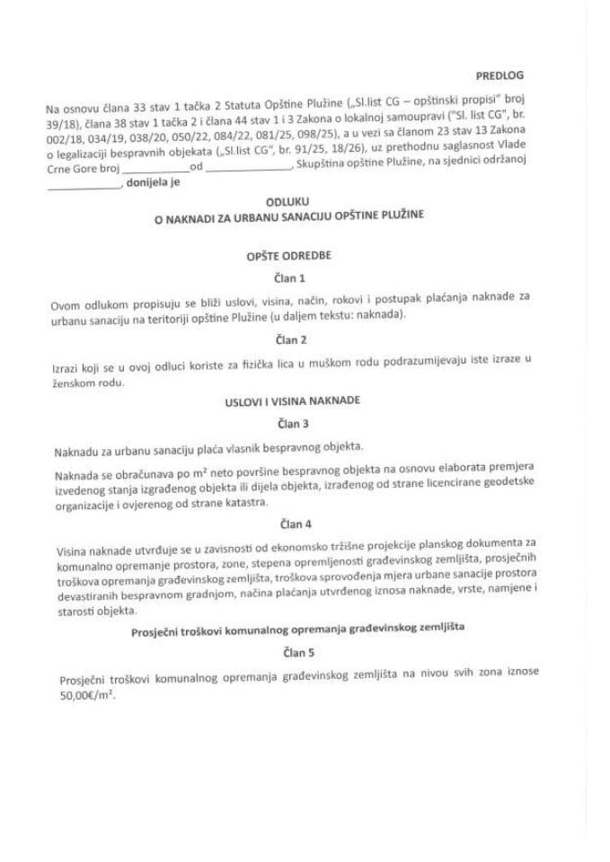 Predlog odluke o naknadi za urbanu sanaciju opštine Plužine (bez rasprave)