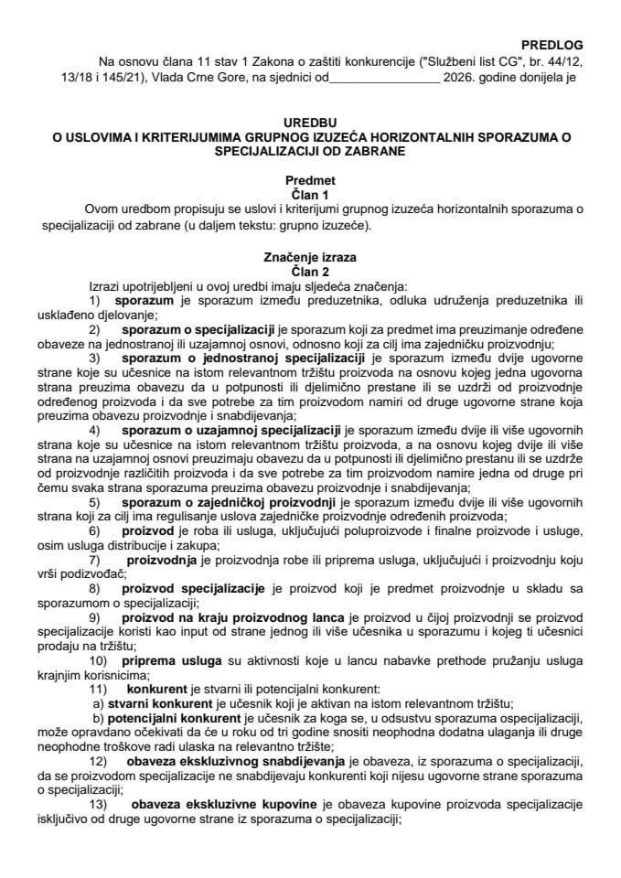 Predlog uredbe o uslovima i kriterijumima grupnog izuzeća horizontalnih sporazuma o specijalizaciji od zabrane
