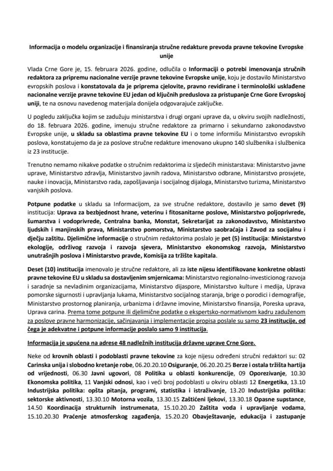 Informacija o modelu organizacije i finansiranja stručne redakture prevoda pravne tekovine Evropske unije