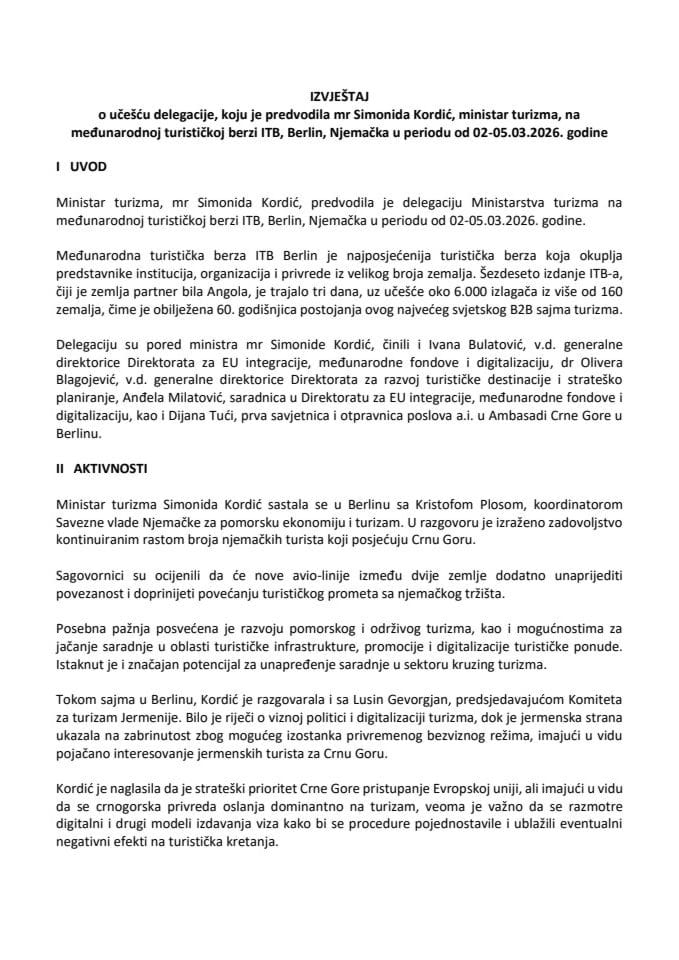 Izvještaj o učešću delegacije, koju je predvodila mr Simonida Kordić, ministarka turizma, na međunarodnoj turističkoj berzi ITB, Berlin, Njemačka, u periodu od 2-5. 3. 2026. godine