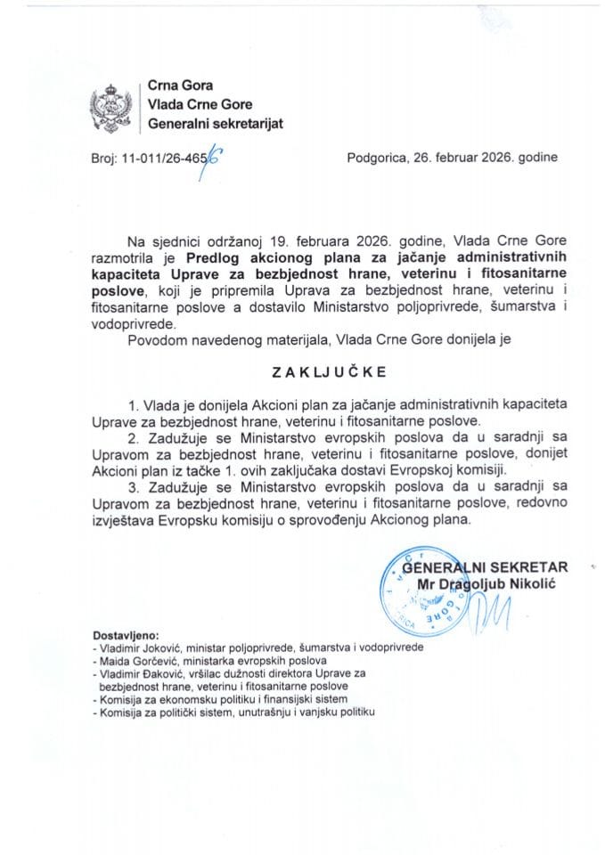 Predlog akcionog plana za jačanje administrativnih kapaciteta Uprave za bezbjednost hrane, veterinu i fitosanitarne poslove - zaključci