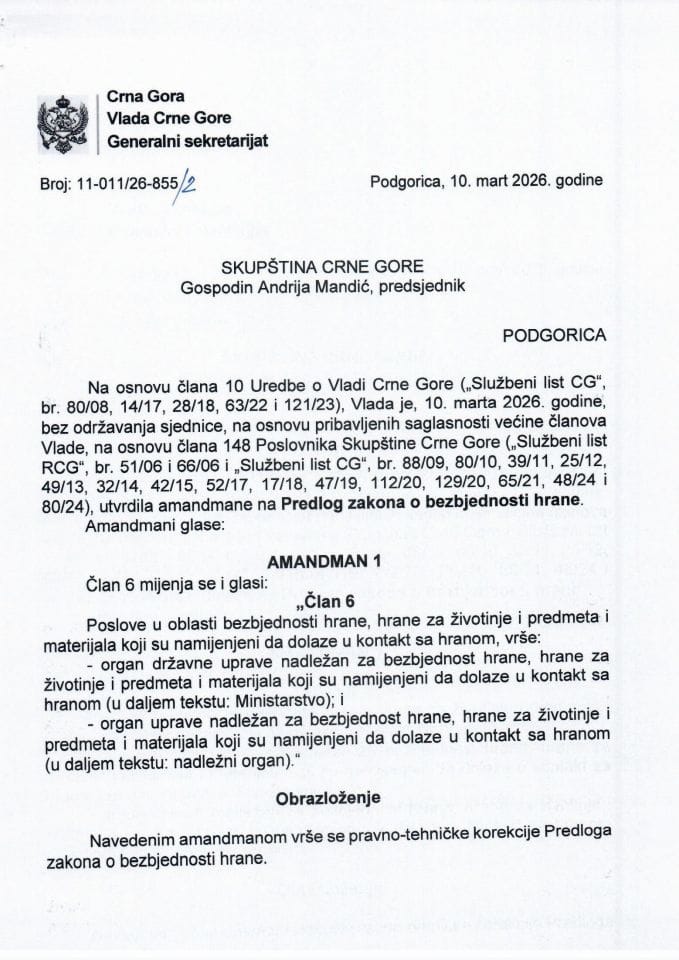 Predlog amandmana na Predlog zakona o bezbjednosti hrane - zaključci