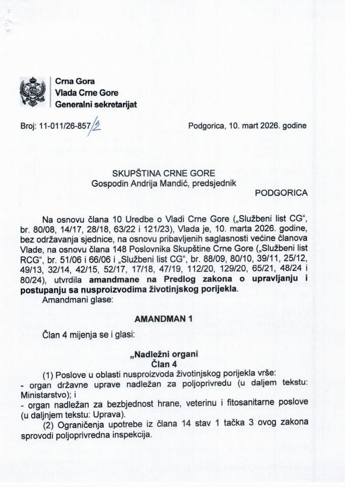 Predlog amandmana na Predlog zakona o upravljanju i postupanju sa nusproizvodima životinjskog porijekla - zaključci