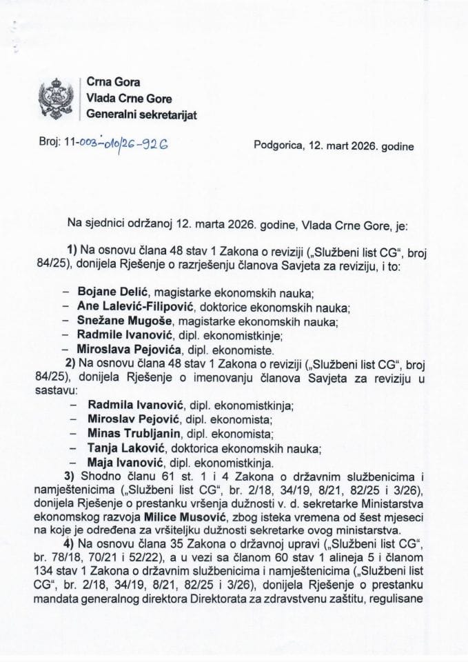 Kadrovska pitanja sa 117. sjednice Vlade Crne Gore - zaključci