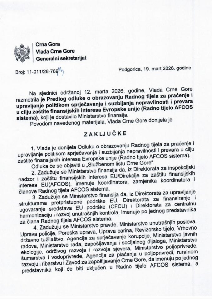 Predlog odluke o obrazovanju Radnog tijela za praćenje i upravljanje politikom sprječavanja i suzbijanja nepravilnosti i prevara u cilju zaštite finansijskih interesa Evropske unije (Radno tijelo  AFCOS sistema) - zaključci
