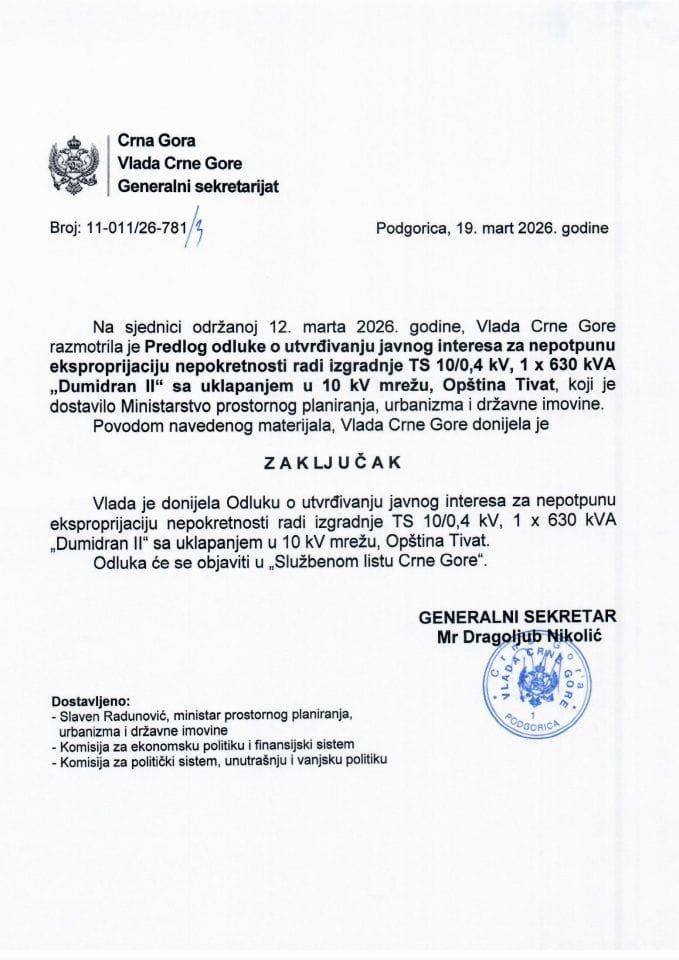 Predlog odluke o utvrđivanju javnog interesa za nepotpunu eksproprijaciju nepokretnosti radi izgradnje TS 10/0,4 kV,1x630 kVA „Dumidran II “ sa uklapanjem u 10 kV mrežu, Opština Tivat - zaključci