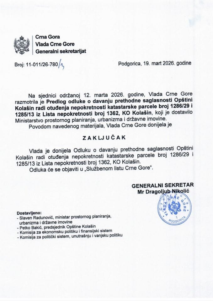 Predlog odluke o davanju prethodne saglasnosti Opštini Kolašin radi otuđenja nepokretnosti katastarske parcele broj 1286/29 i 1285/13 iz lista nepokretnosti broj 1362 KO Kolašin - zaključci