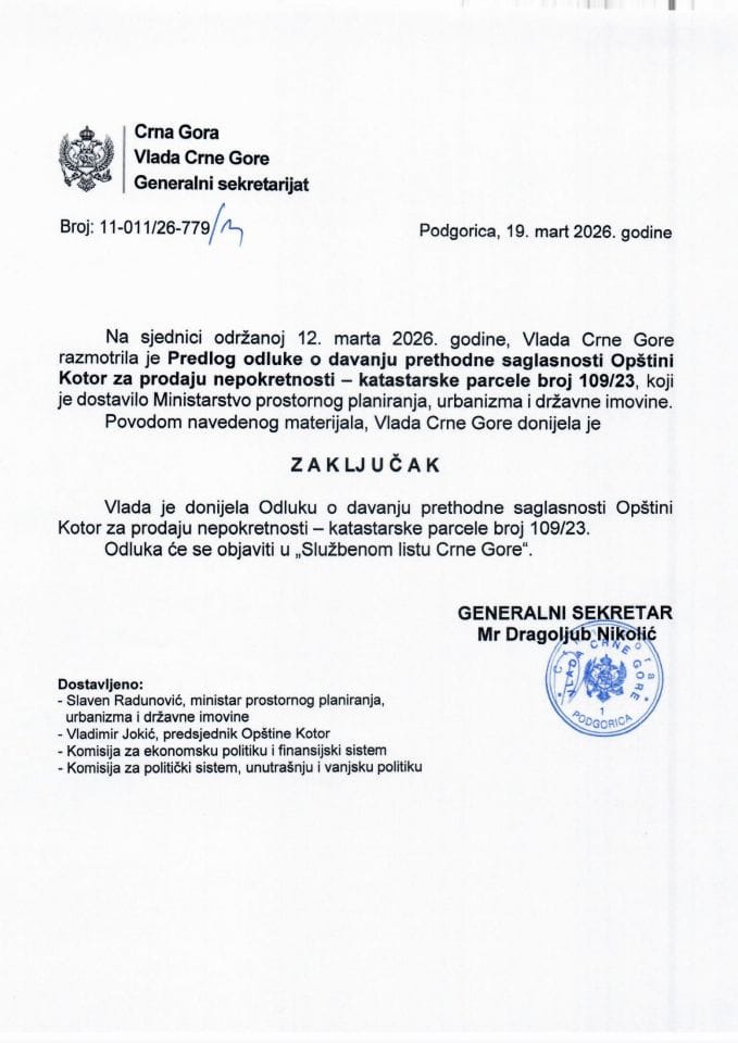 Predlog odluke o davanju prethodne saglasnosti Opštini Kotor za prodaju nepokretnosti - katastarske parcele broj 109/23 - zaključci