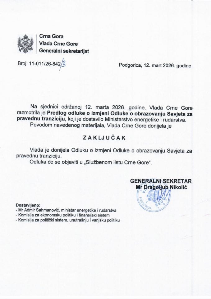 Predlog odluke o izmjeni Odluke o obrazovanju Savjeta za pravednu tranziciju - zaključci