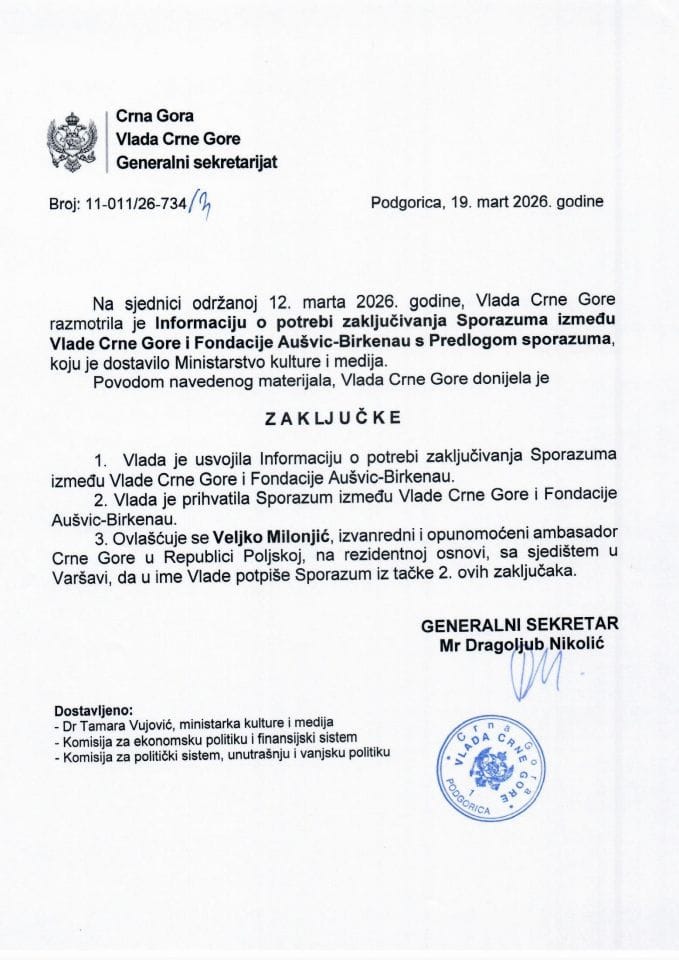 Informacija o potrebi zaključivanja Sporazuma između Vlade Crne Gore i Fondacije Aušvic-Birkenau s Predlogom sporazuma - zaključci